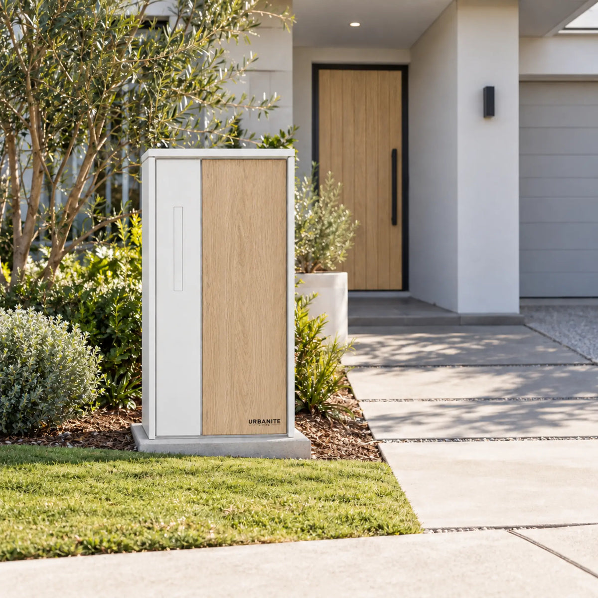 Urbanite Living The Don Extra Wide Parcel Letterbox in white with light wood look metal front panel beside a landscaped front path. 