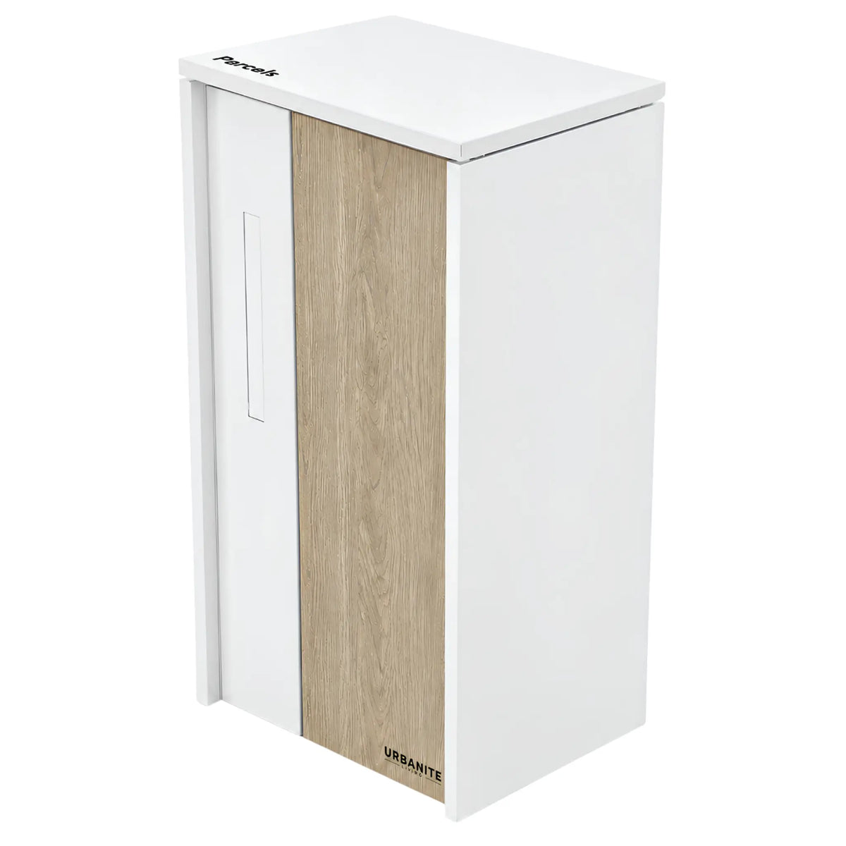 Urbanite Living The Don Extra Wide Parcel Letterbox in white with light wood look metal front panel on a white background.