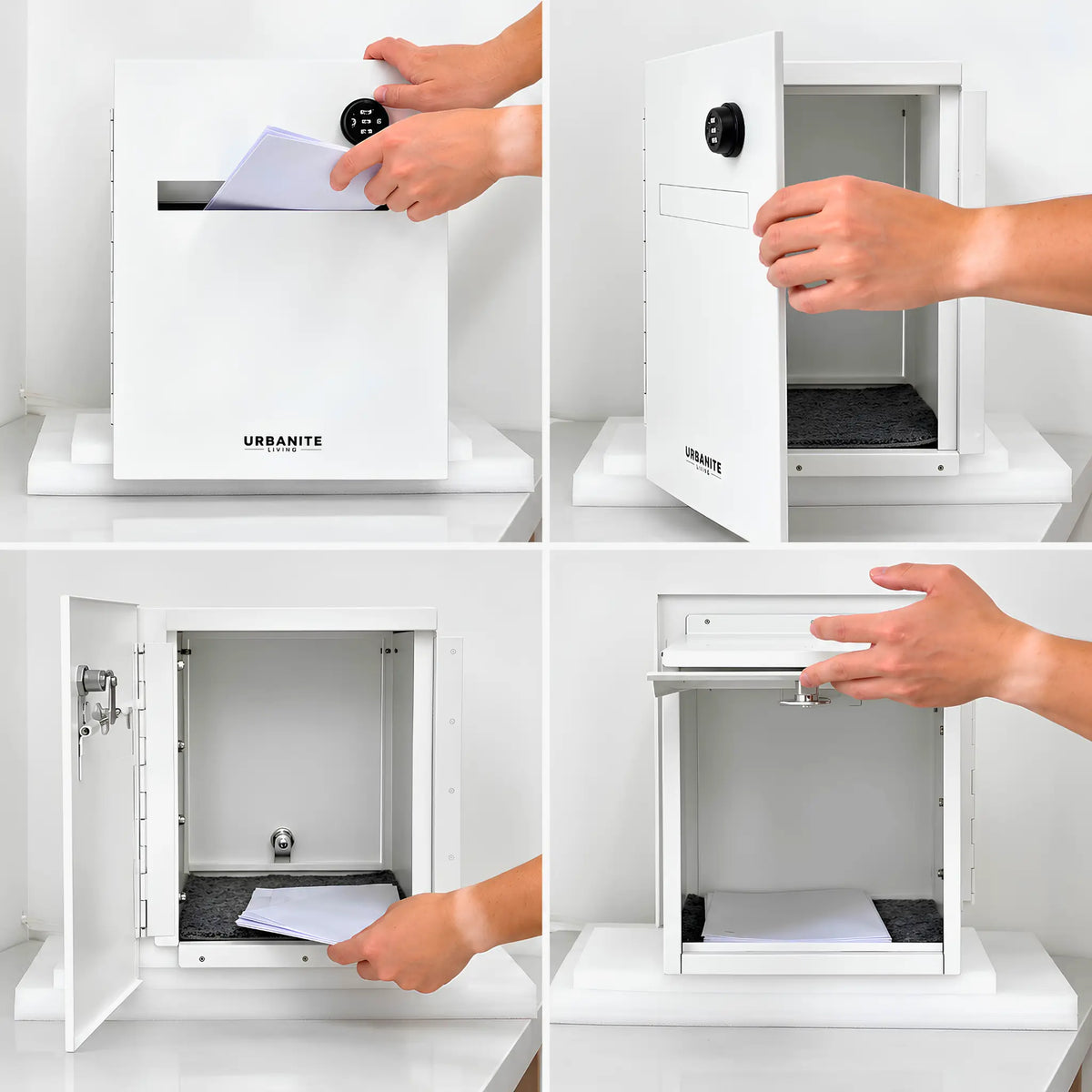 Urbanite Living Finch Parcel Box studio images showing how to use front and rear opening images.