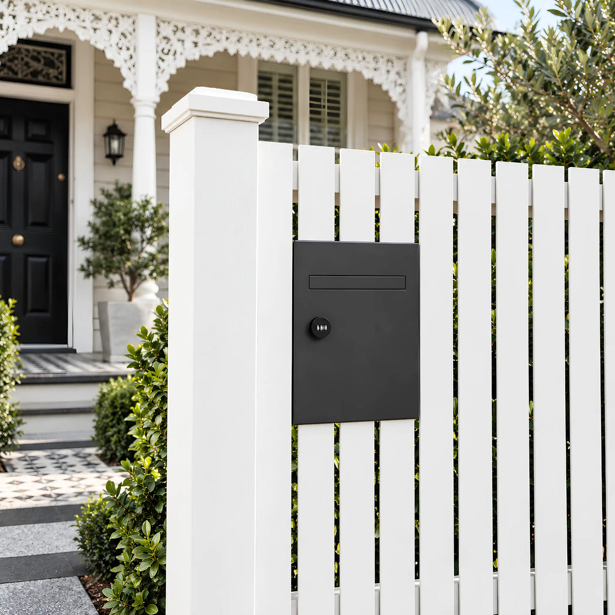 Urbanite Living black Finch parcel box fence and brick installation.  Shown installed in a white timber fence with a victorian home in the background.