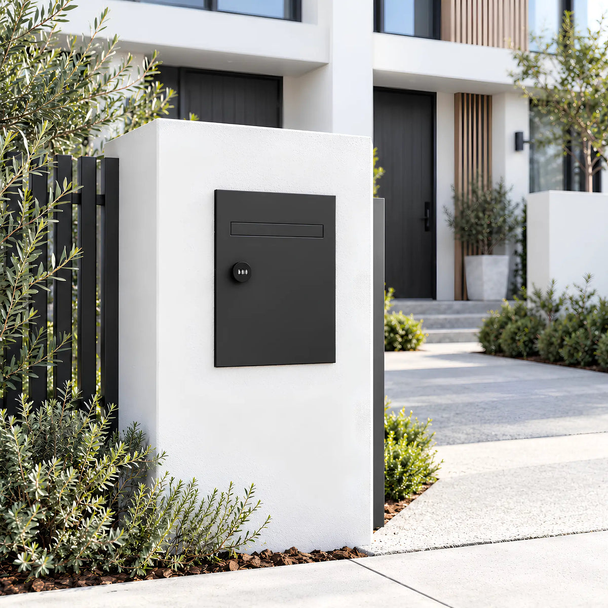Black coloured, Finch urbanite living fence/brick parcel letterbox installed into a cement rendered pillar.