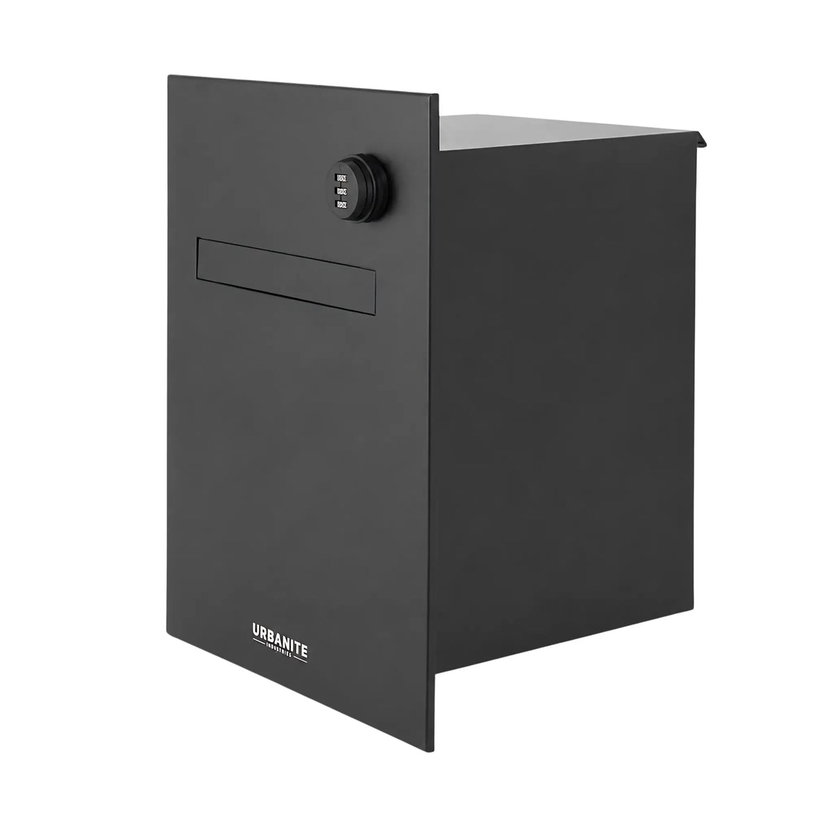 Urbanite Living Finch Parcel Letterbox colour black, for installation into fences, brick wall and freestanding pillars white back ground studio image.