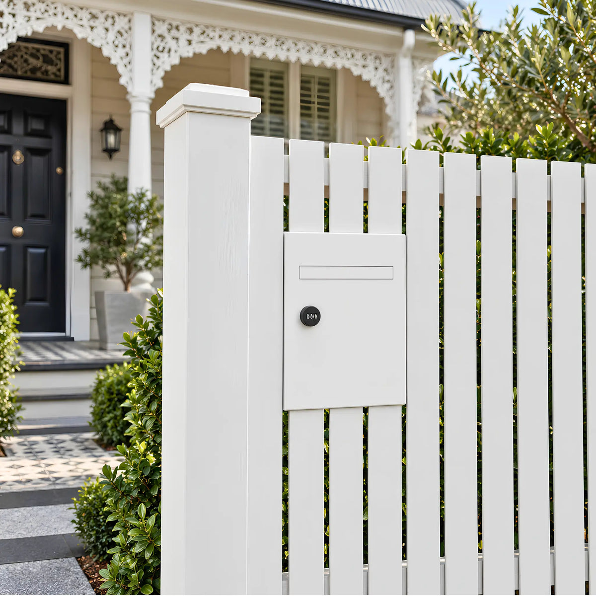 Urbanite Living white Finch parcel box fence and brick installation.  Shown installed in a white timber fence with a victorian home in the background.