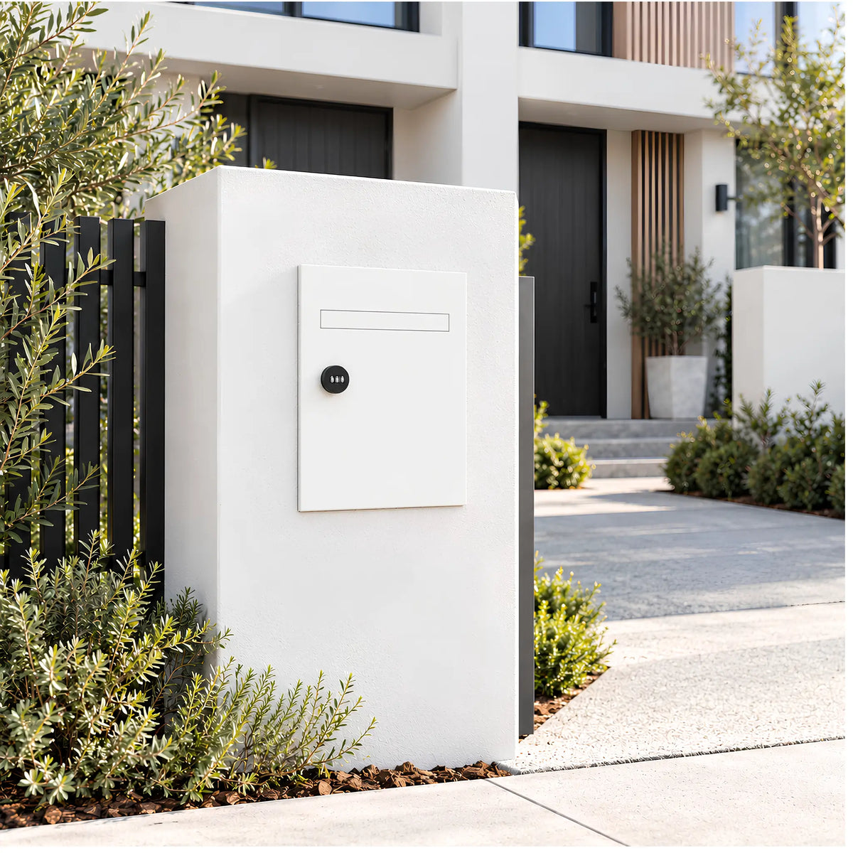 A white coloured, Finch urbanite living fence/brick parcel letterbox installed into a cement rendered pillar.