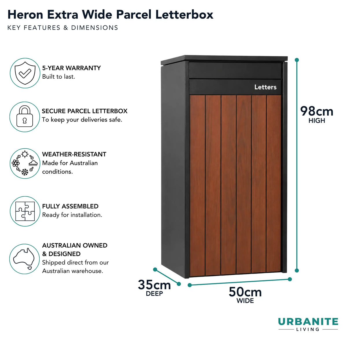 Urbanite Living dimensions for the Heron Extra Wide parcel letterbox in black with dark wood front panels: 98 cm high, 50 cm wide, 35 cm deep, 5-year warranty.