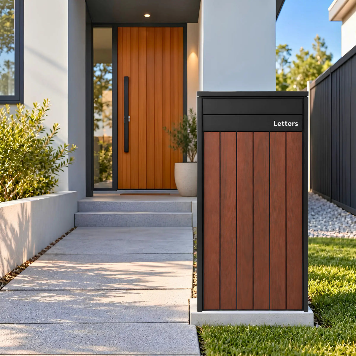 Front view of the Urbanite Living Heron Extra Wide parcel letterbox in black with dark wood look metal front panels, showing the letter flap.