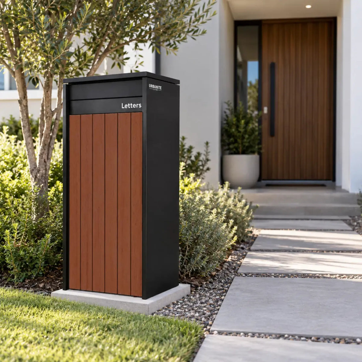 Urbanite Living Heron Extra Wide freestanding parcel letterbox in black with dark wood front panels beside a garden path.