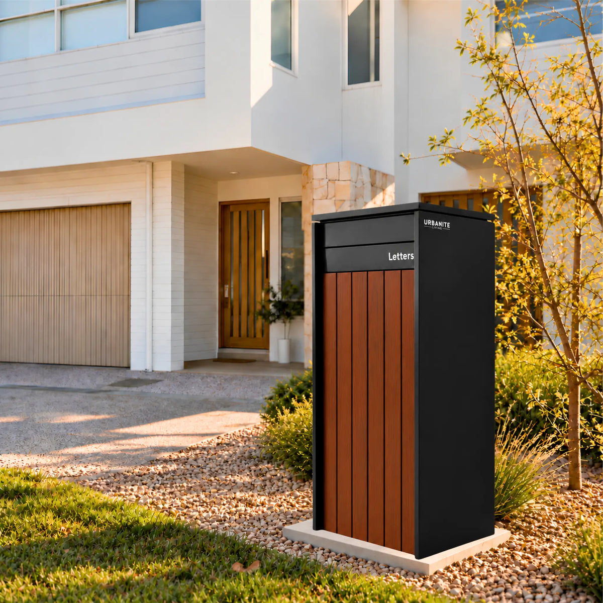 Heron Extra Wide parcel letterbox in black with dark wood front panels in the front garden of a two-storey home Urbanite Living.