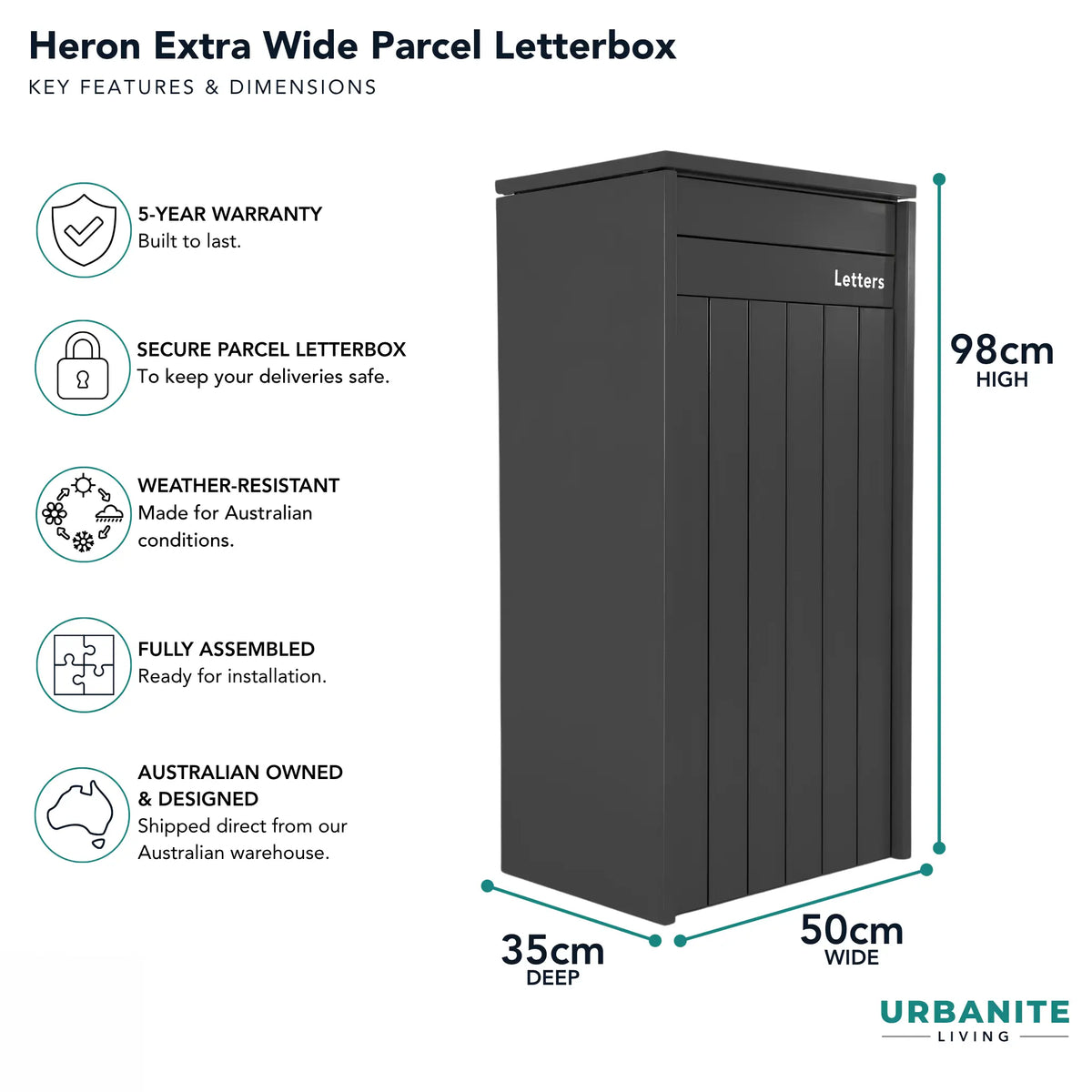 Urbanite Living dimensions for the Heron Extra Wide parcel letterbox in a black finish: 98 cm high, 50 cm wide, 35 cm deep, 5-year warranty.