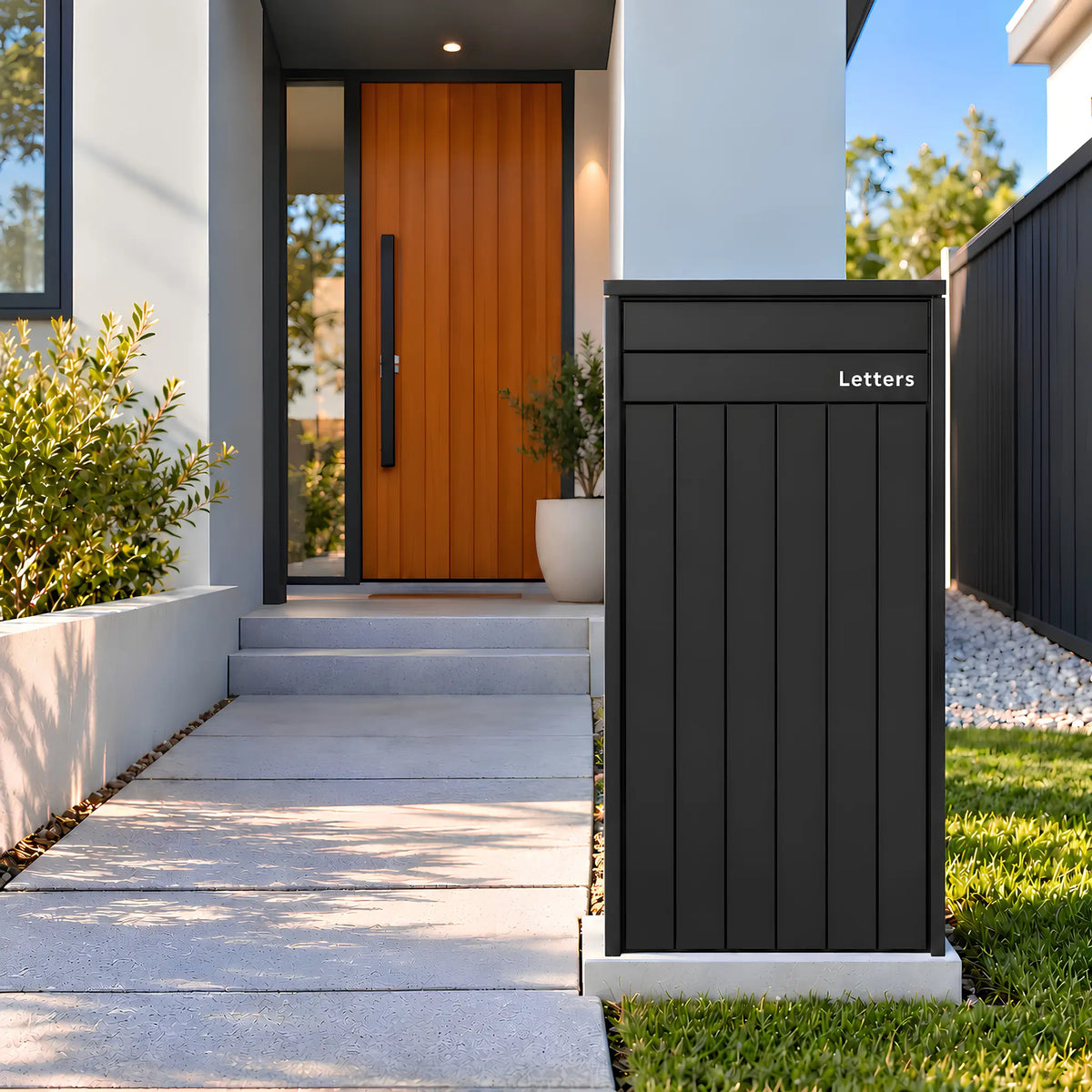 Front view of the Urbanite Living Heron Extra Wide parcel letterbox in a black finish, showing the letter flap.
