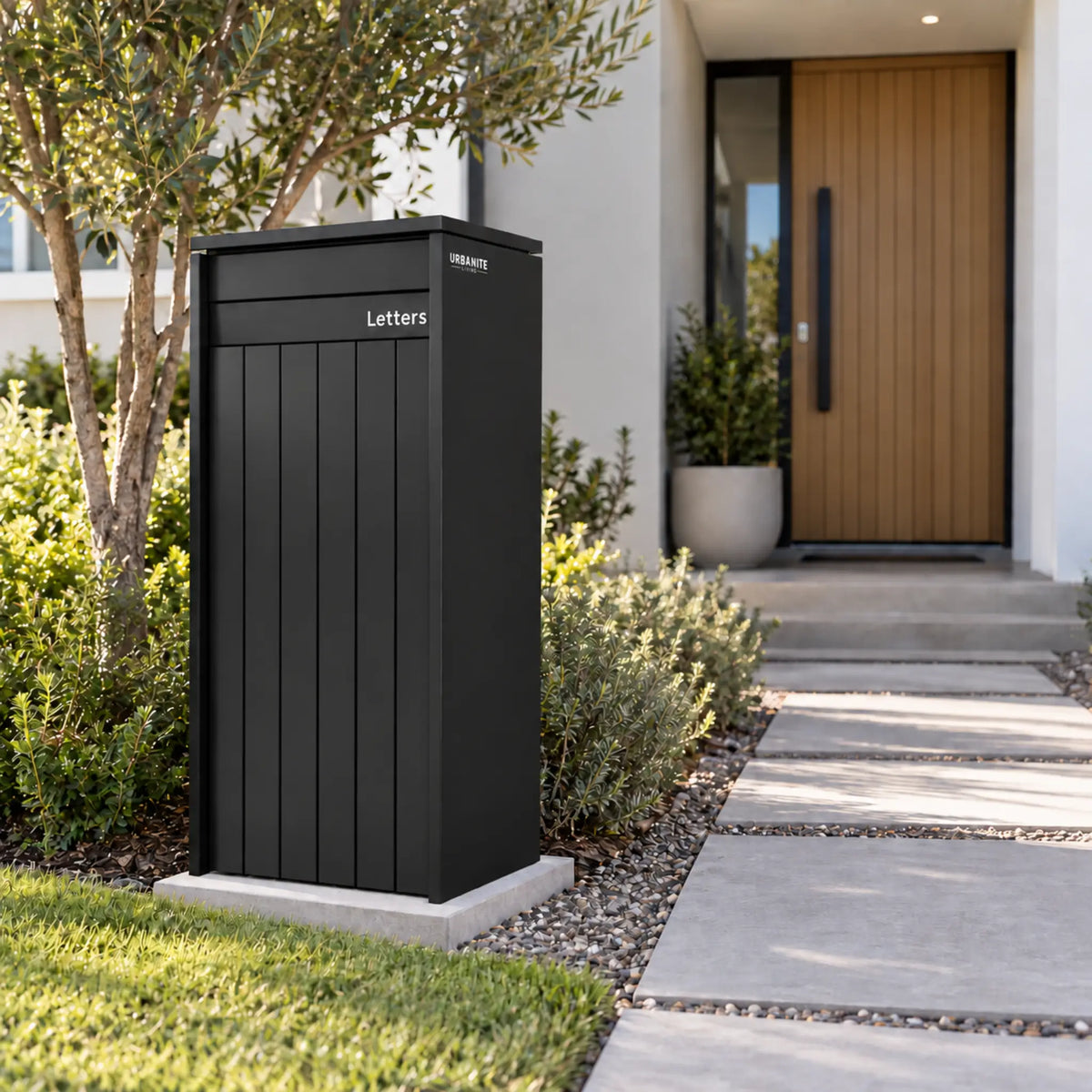 Urbanite Living Heron Extra Wide freestanding parcel letterbox in a black finish beside a garden path.