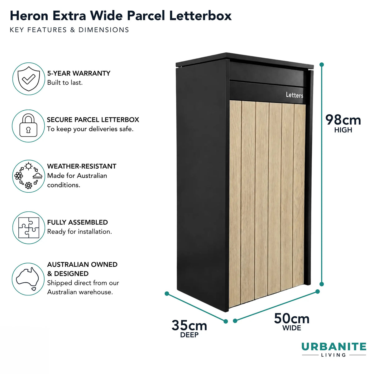 Urbanite Living dimensions for the Heron Extra Wide parcel letterbox in black with light wood front panels: 98 cm high, 50 cm wide, 35 cm deep, 5-year warranty.