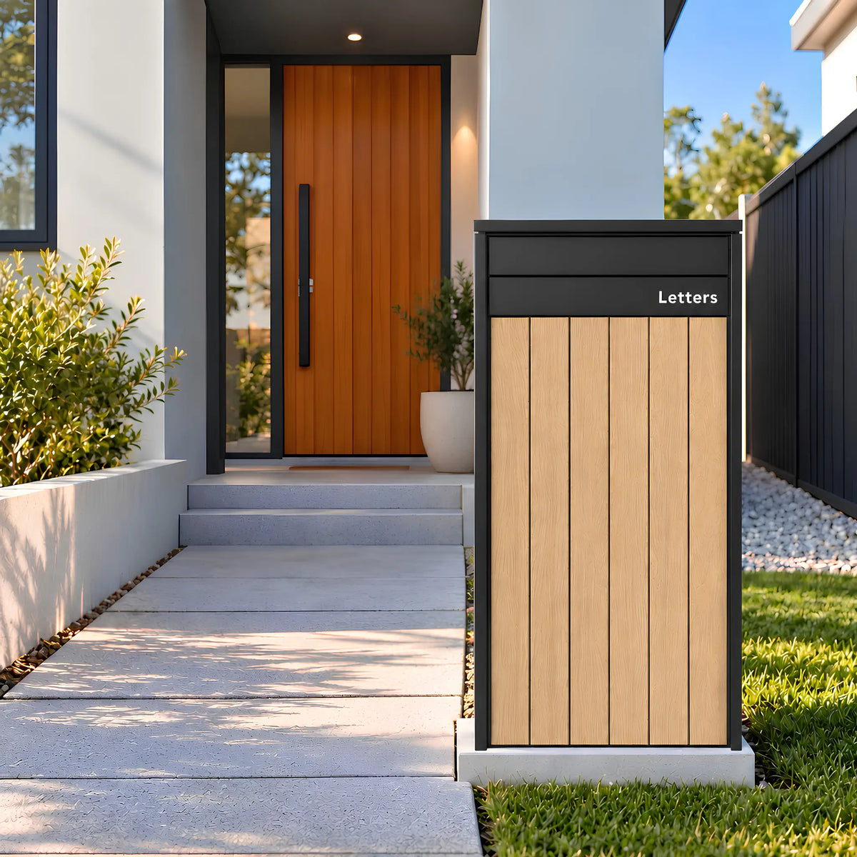 Front view of the Urbanite Living Heron Extra Wide parcel letterbox in black with light wood look metal front panels, showing the letter flap.