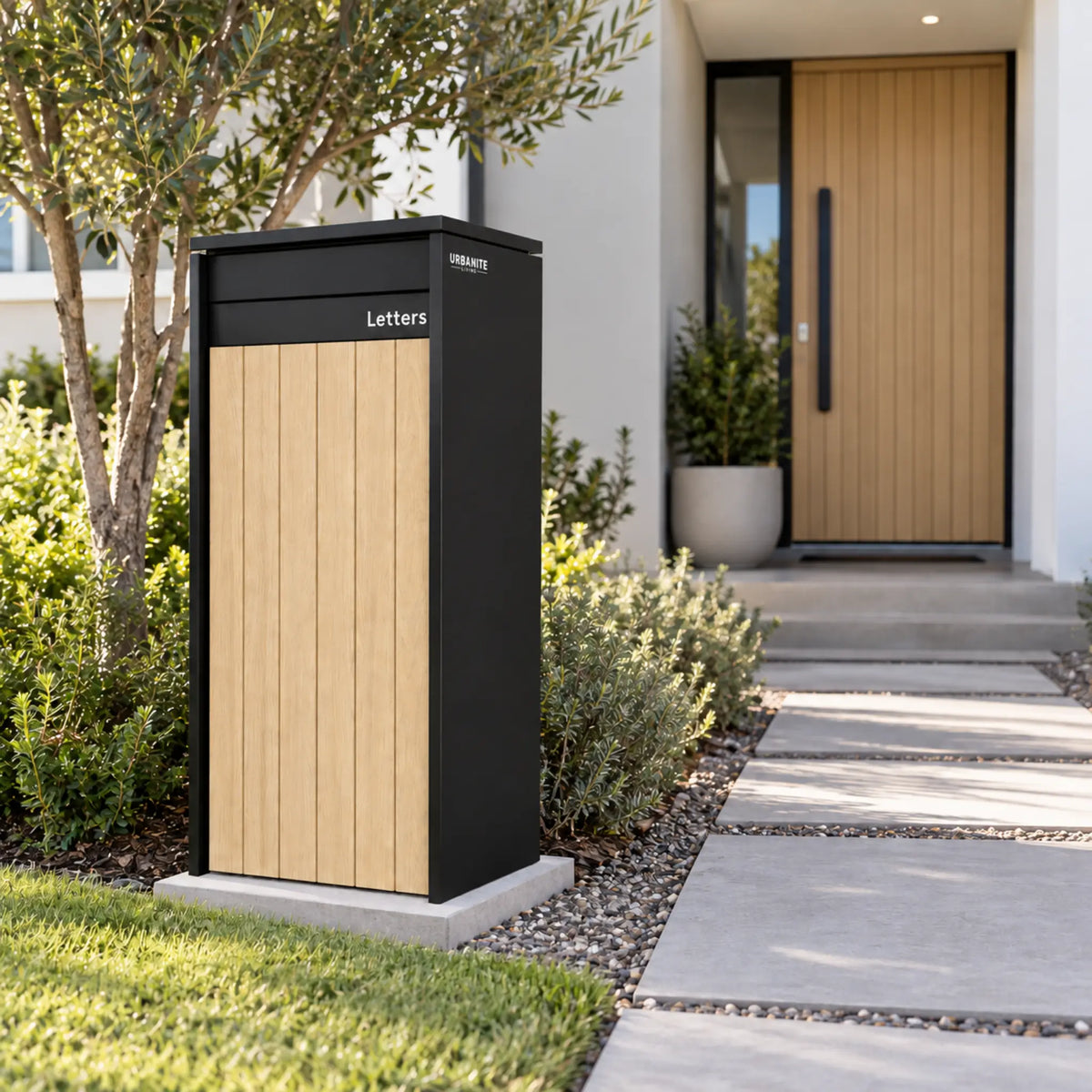Urbanite Living Heron Extra Wide freestanding parcel letterbox in black with light wood front panels beside a garden path.