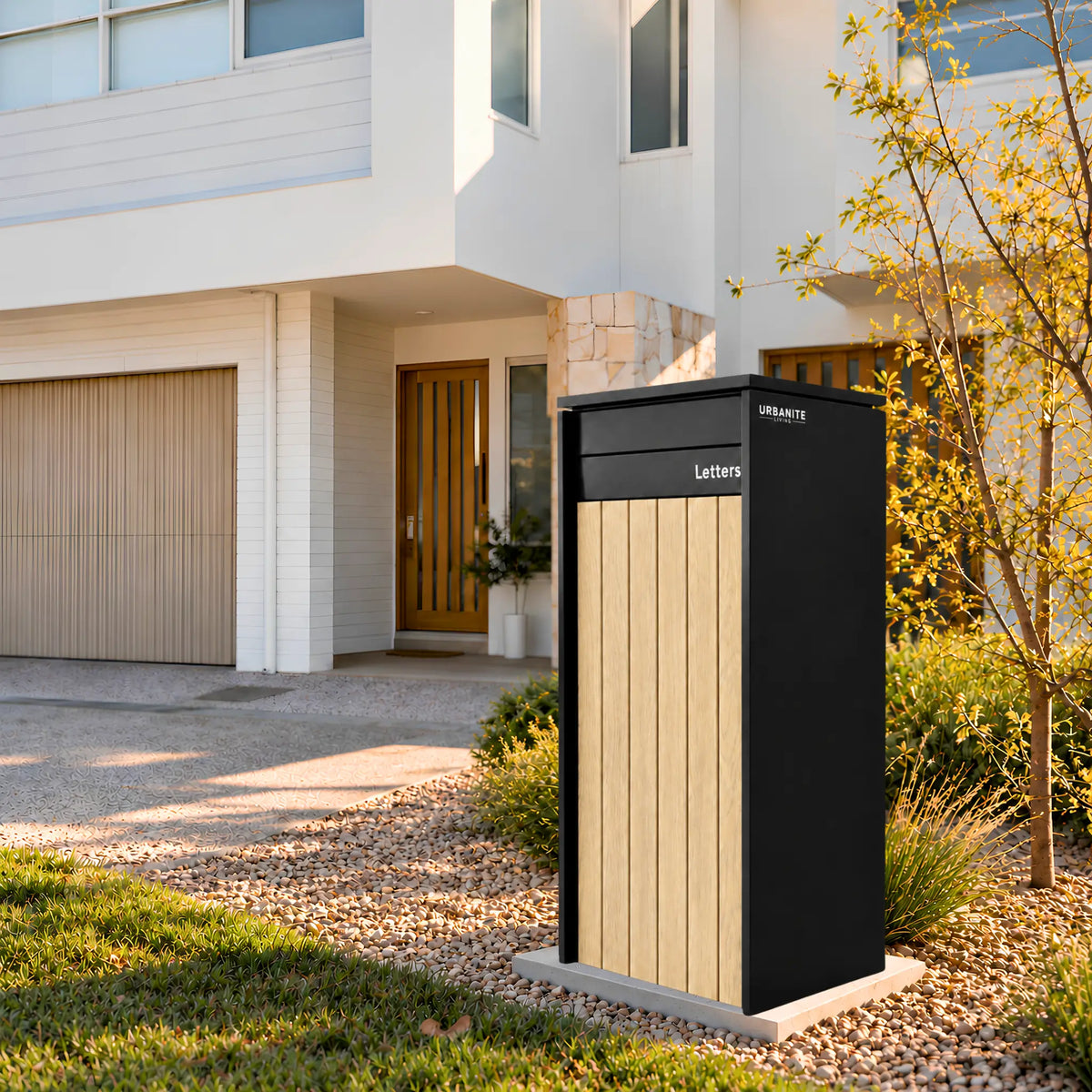 Heron Extra Wide parcel letterbox in black with light wood front panels in the front garden of a two-storey home Urbanite Living.