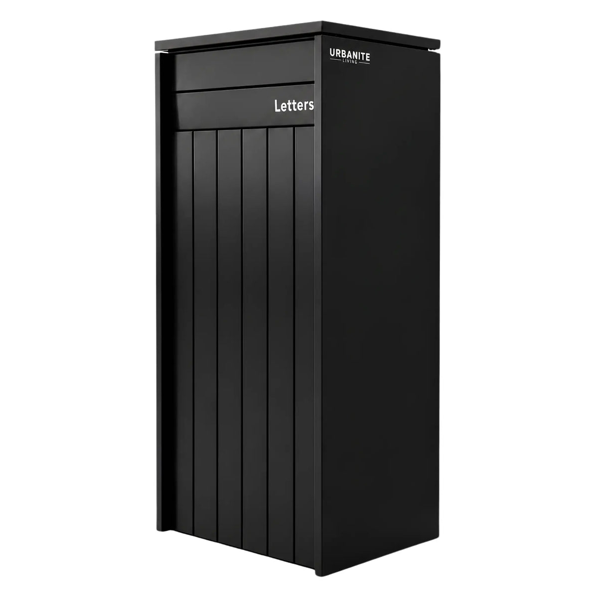 Urbanite Living Heron Extra Wide parcel letterbox in a black finish on a white studio background.