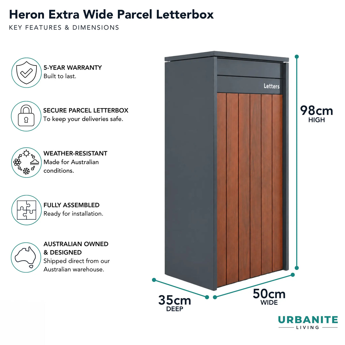 Urbanite Living Dimensions for the Heron Extra Wide parcel letterbox in charcoal with dark wood front panels: 98 cm high, 50 cm wide, 35 cm deep, 5-year warranty.