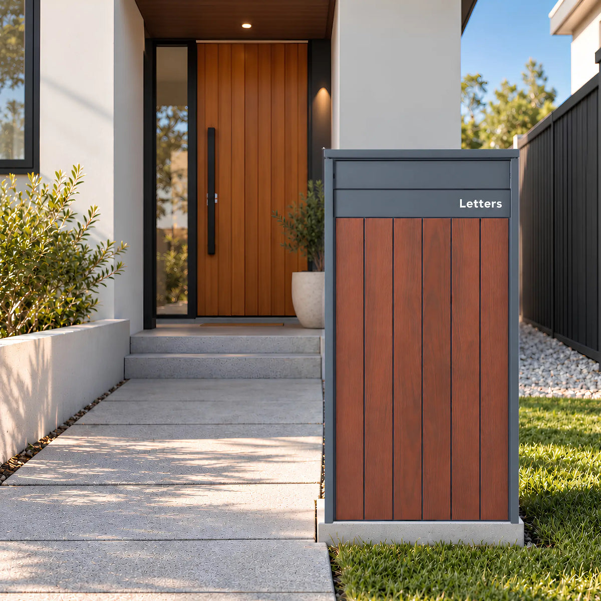 Front view of the Urbanite Living Heron Extra Wide parcel letterbox in charcoal with dark wood look metal front panels, showing the letter flap.