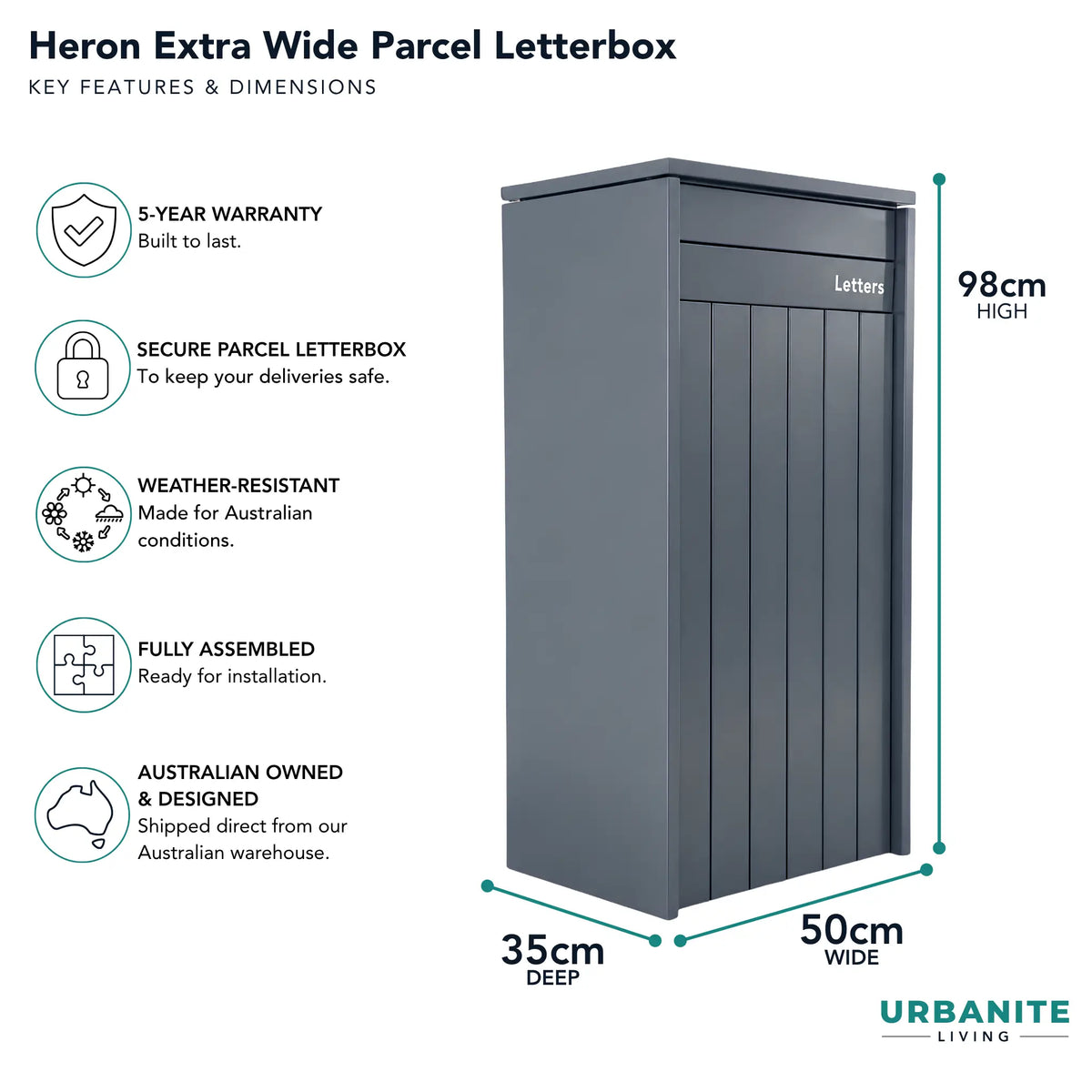 Urbanite Living Dimensions for the Heron Extra Wide parcel letterbox in a charcoal finish: 98 cm high, 50 cm wide, 35 cm deep, 5-year warranty.