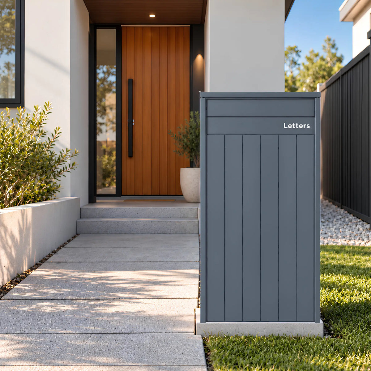 Front view of the Urbanite Living Heron Extra Wide parcel letterbox in a charcoal finish, showing the letter flap.