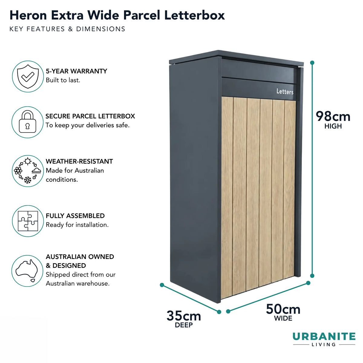 Urbanite Living Dimensions for the Heron Extra Wide parcel letterbox in charcoal with light wood front panels: 98 cm high, 50 cm wide, 35 cm deep, 5-year warranty.