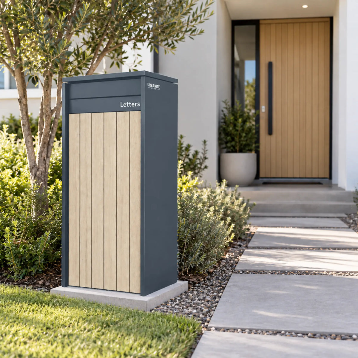Urbanite Living Heron Extra Wide parcel letterbox in a charcoal finish on a white studio background.