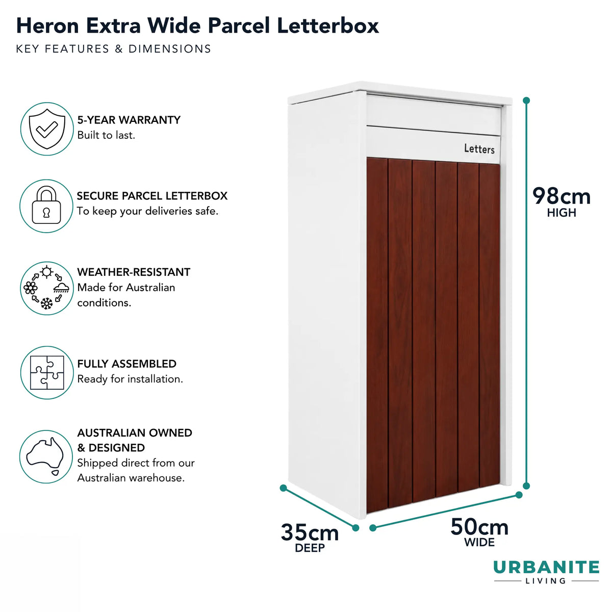 Urbanite Living Dimensions for the Heron Extra Wide parcel letterbox in white with dark wood front panels: 98 cm high, 50 cm wide, 35 cm deep, 5-year warranty.
