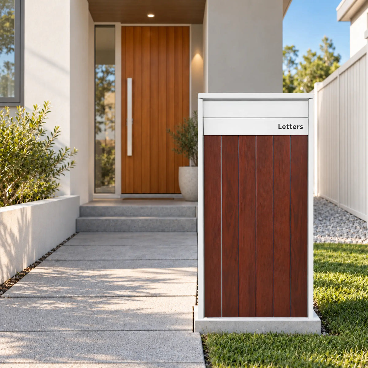 Front view of the Urbanite Living Heron Extra Wide parcel letterbox in white with dark wood front panels, showing the letter flap.