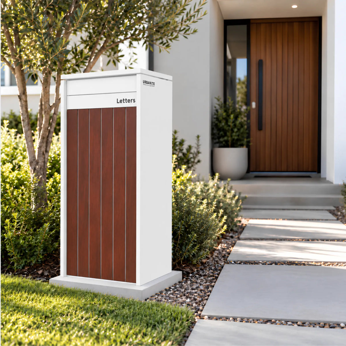 Urbanite Living Heron Extra Wide freestanding parcel letterbox in white with dark wood front panels beside a garden path.