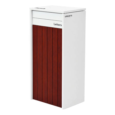 Urbanite Living Heron Extra Wide parcel letterbox in white with dark wood front panels on a white studio background.