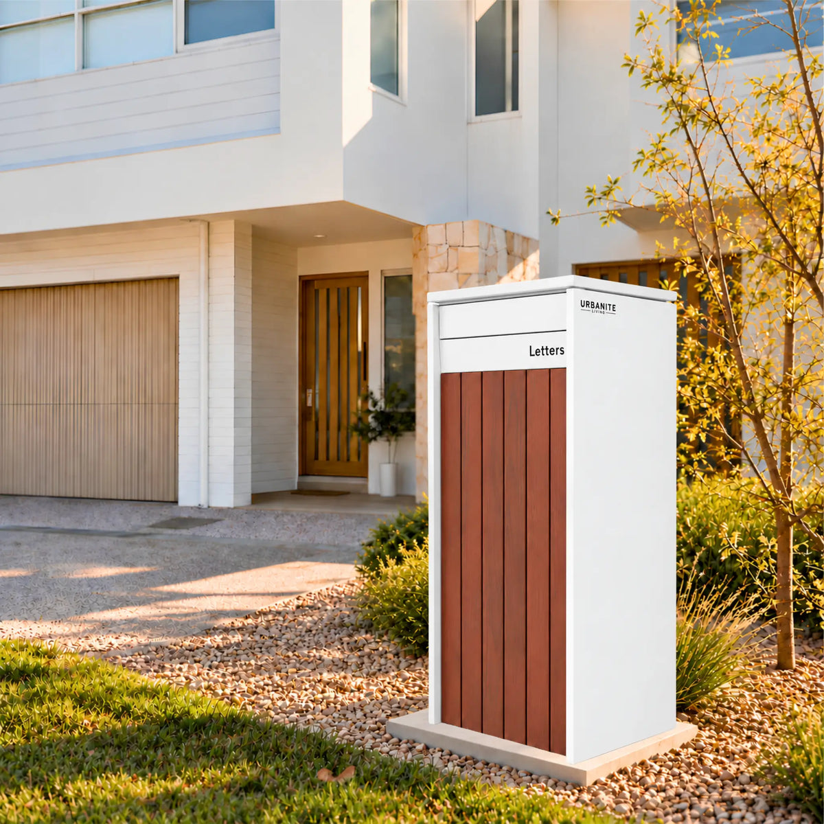 Heron Extra Wide parcel letterbox in white with dark wood front panels in the front garden of a two-storey home - Urbanite Living.