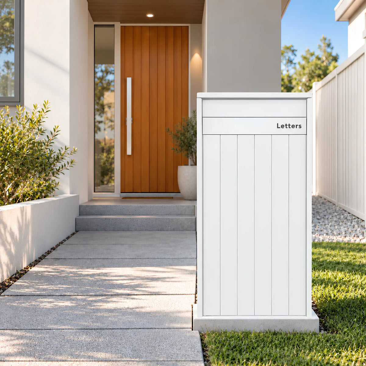 Front view of the Urbanite Living Heron Extra Wide parcel letterbox in a white finish, showing the letter flap.