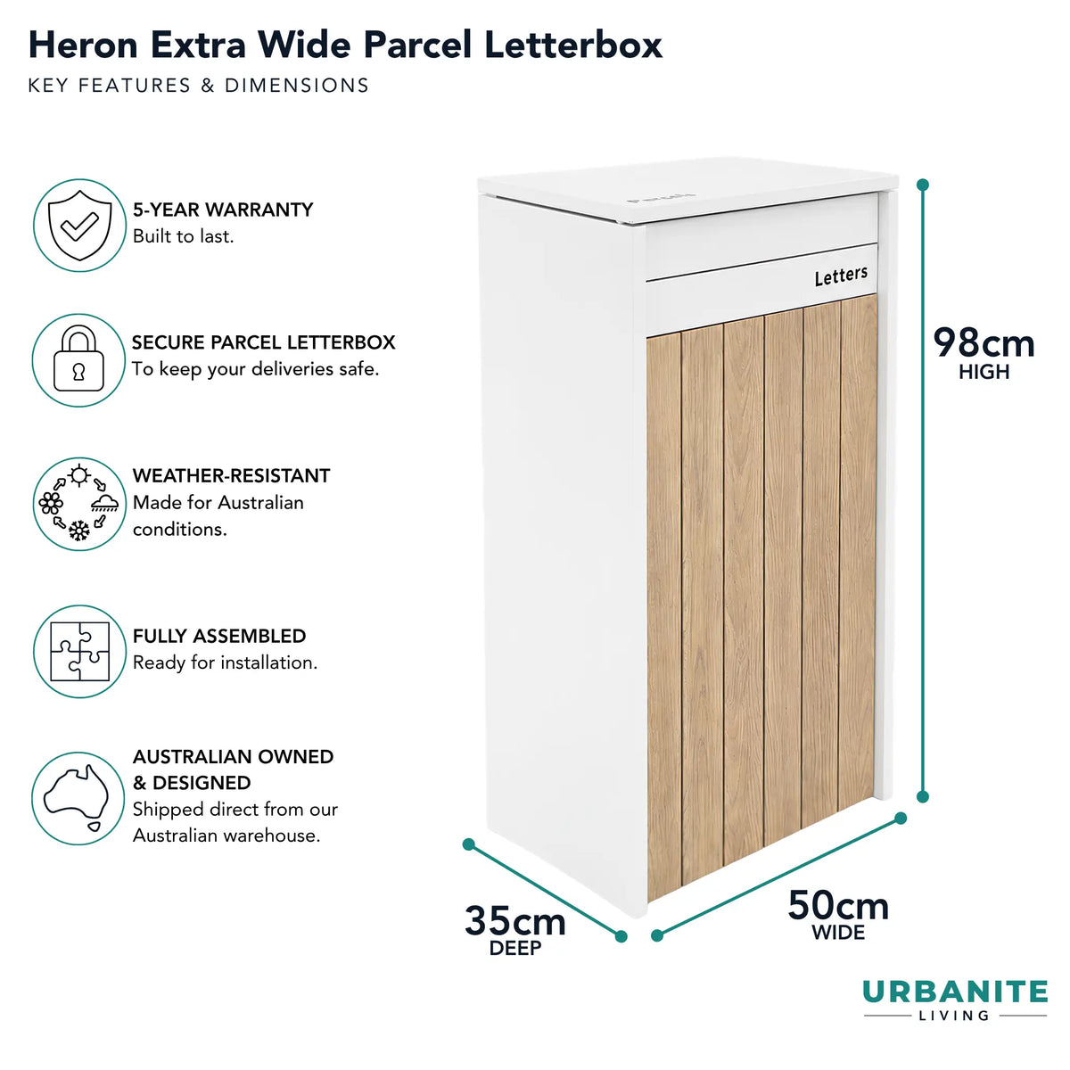 Urbanite Living Dimensions for the Heron Extra Wide parcel letterbox in white with light wood look front panels: 98 cm high, 50 cm wide, 35 cm deep, 5-year warranty