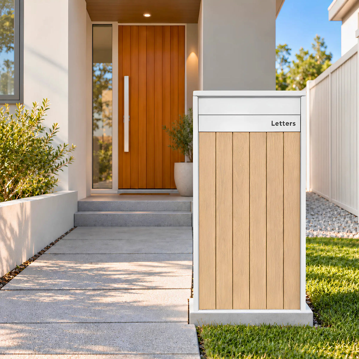 Front view of the Urbanite Living Heron Extra Wide parcel letterbox in white with light wood look metal front panels, showing the letter flap.