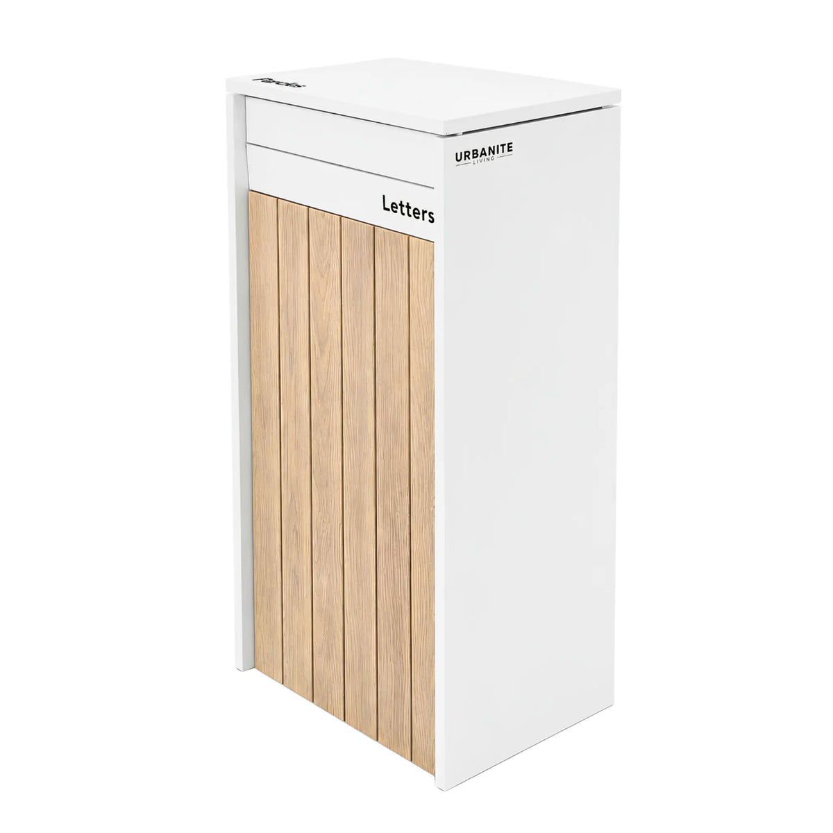 Urbanite Living Heron Extra Wide parcel letterbox in a white with light timber look panels on a white studio background.