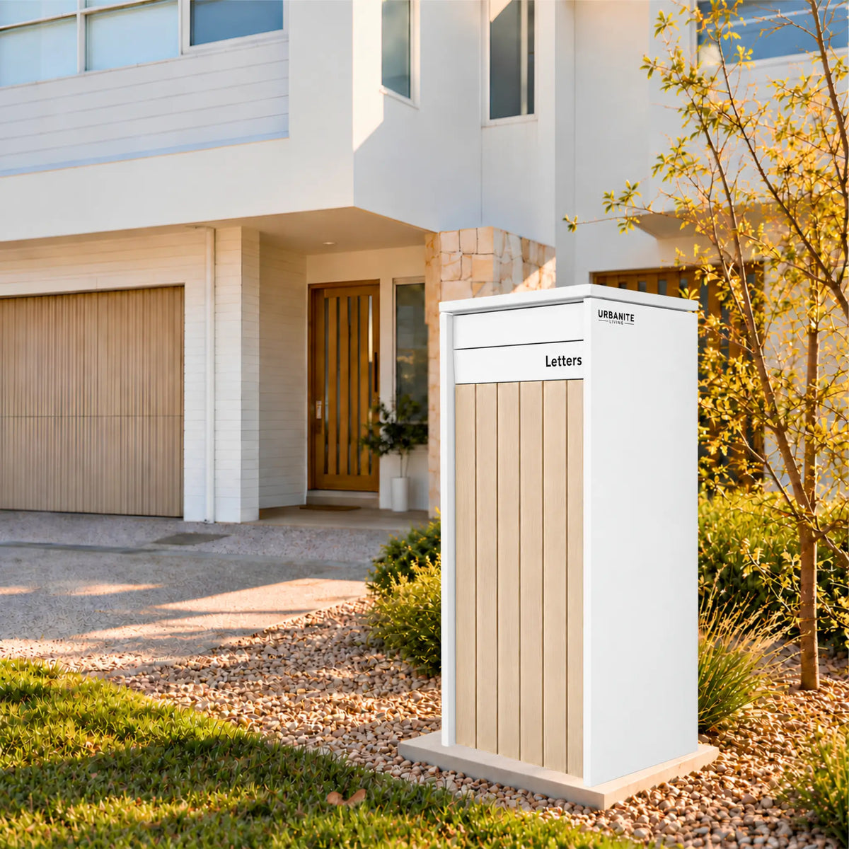 Urbanite Living Heron Extra Wide parcel letterbox in white with light wood  look front panels in the front garden of a two-storey home. 