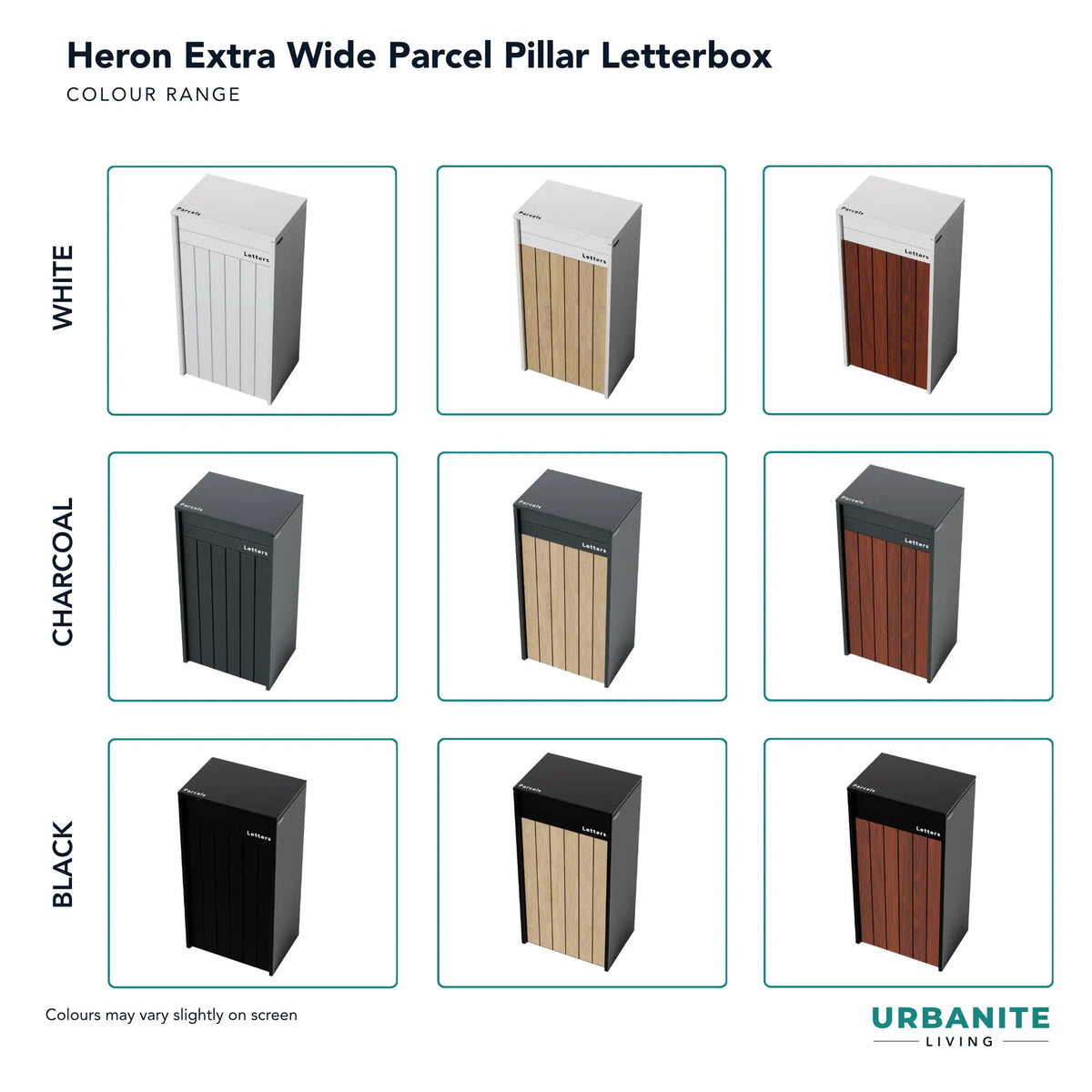 Urbanite Living Heron Pillar Parcel Letterbox Colour Range.   White, White with Oak Look, White with Merbau Look.   Charcoal, Charcoal with Oak Look, Charcoal with Merbau Look.  Black, Black with Oak Look, Black with Merbau Look.