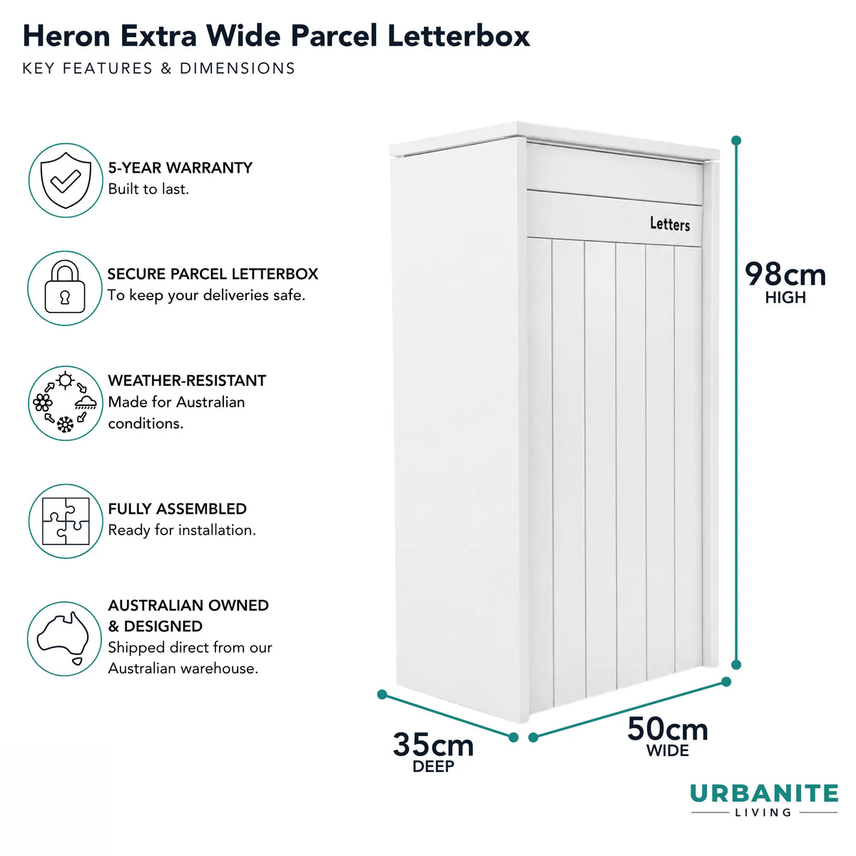 Urbanite Living Dimensions for the Heron Extra Wide parcel letterbox in a white finish: 98 cm high, 50 cm wide, 35 cm deep, 5-year warranty.