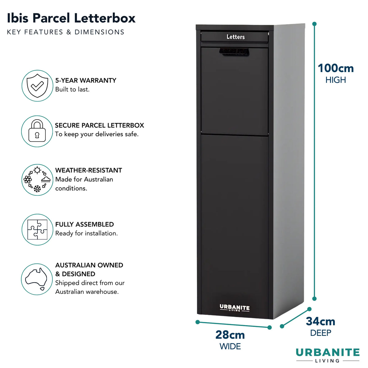 Urbanite Living Ibis freestanding parcel letterbox in black with key features and dimensions: 100 cm high, 28 cm wide, 34 cm deep, and a 5-year warranty.