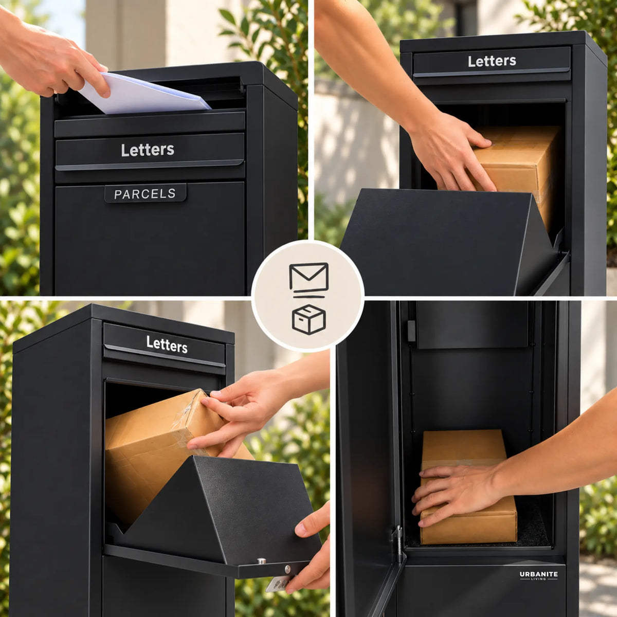 Urbanite Living Ibis freestanding parcel letterbox in black, showing letter and parcel delivery and secure parcel storage.