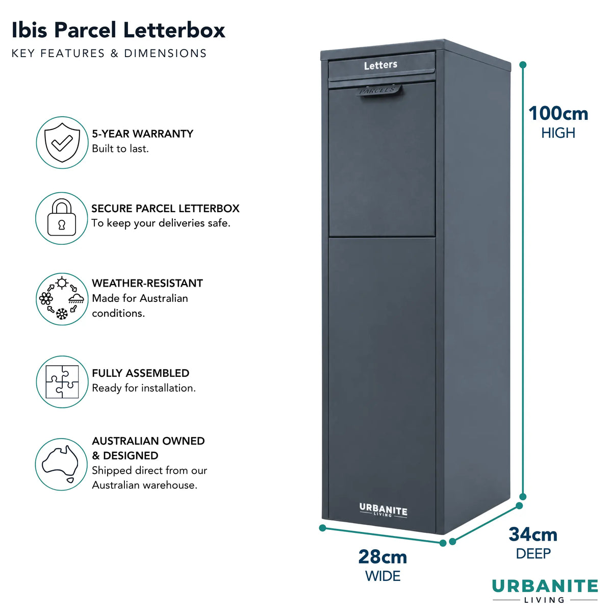 Urbanite Living Ibis freestanding parcel letterbox in charcoal with key features and dimensions: 100 cm high, 28 cm wide, 34 cm deep, and a 5-year warranty.