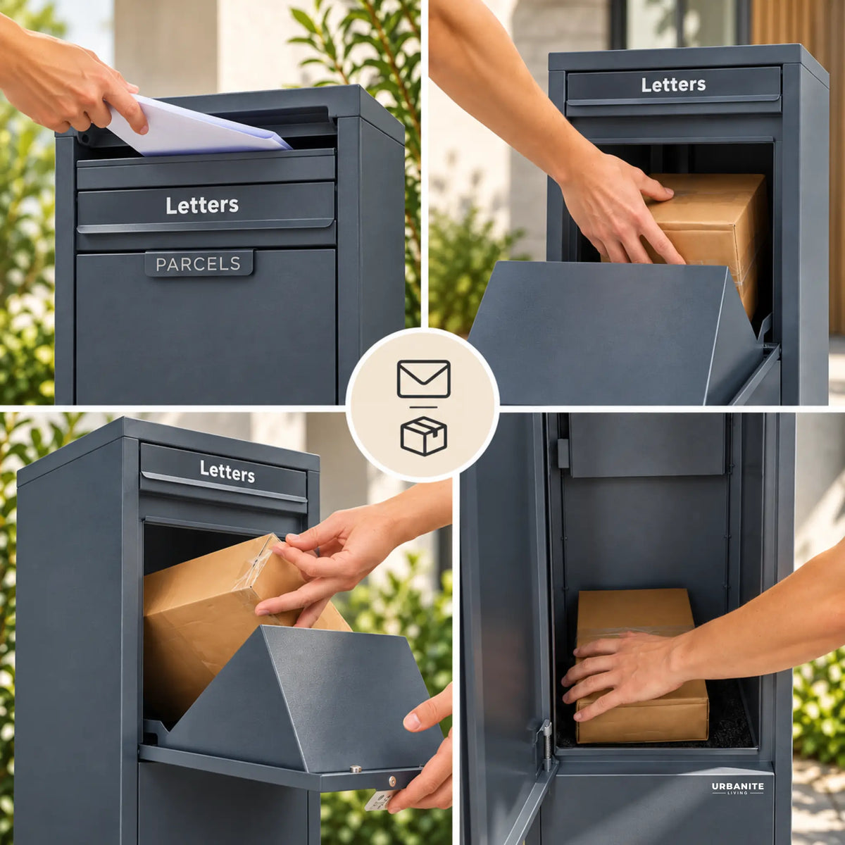 Urbanite Living Ibis freestanding parcel letterbox in charcoal, showing letter and parcel delivery and secure parcel storage.