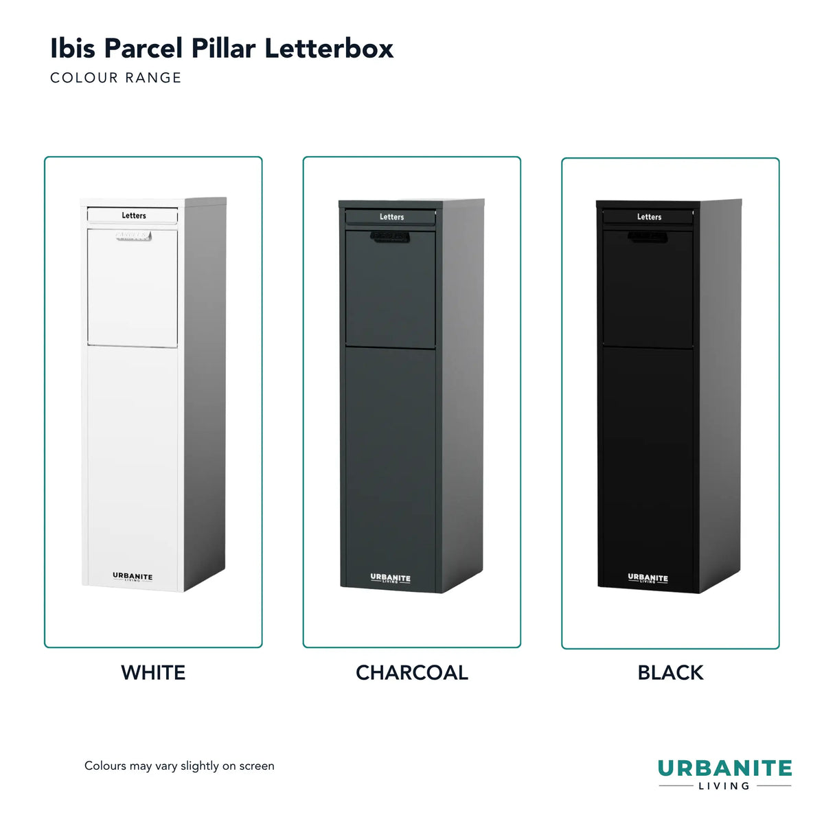 Urbanite Living Ibis Slim Line Pillar Parcel Letterbox Colour Range.   White, Charcoal and Black.