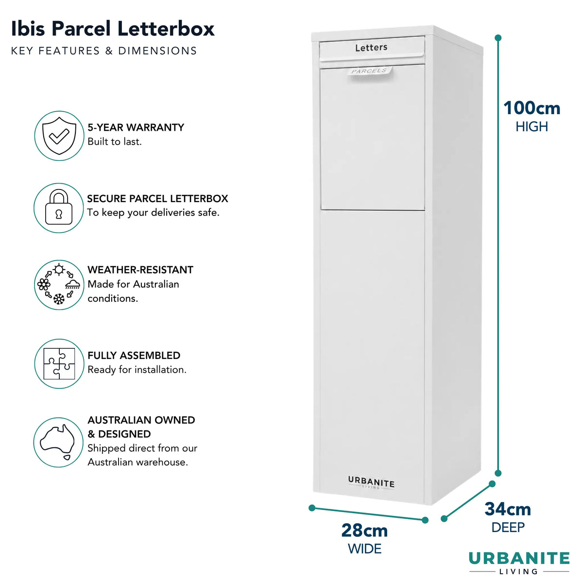 Urbanite Living Ibis freestanding parcel letterbox in white with key features and dimensions: 100 cm high, 28 cm wide, 34 cm deep, and a 5-year warranty.