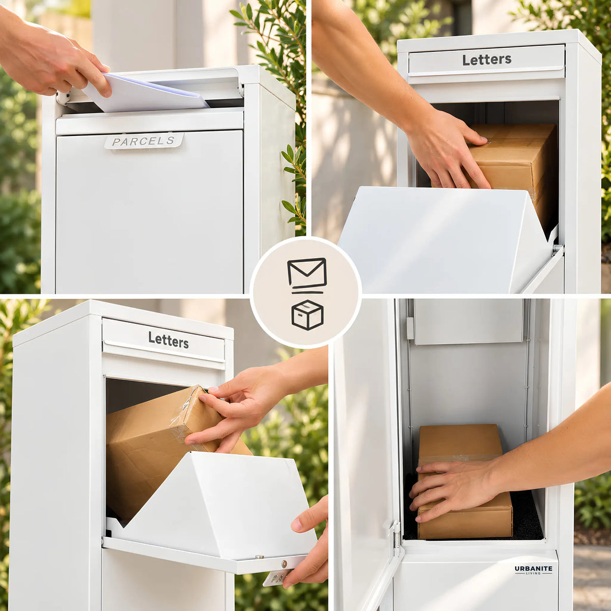 Urbanite Living Ibis freestanding parcel letterbox in white, showing letter and parcel delivery and secure parcel storage.