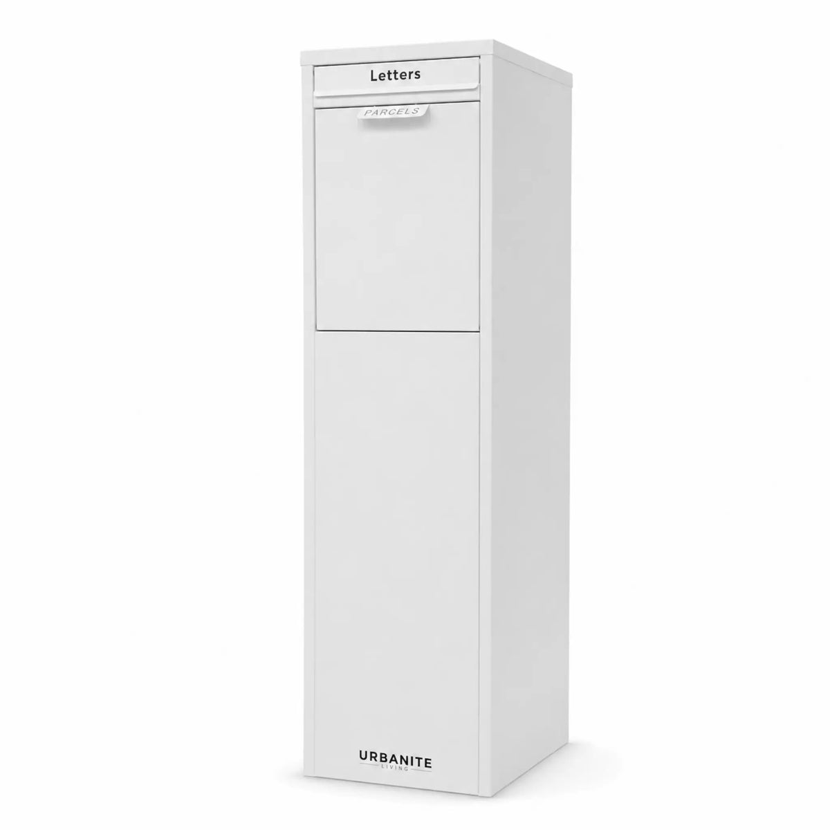Front view of the Urbanite Living Ibis freestanding parcel letterbox in white on a white studio background.