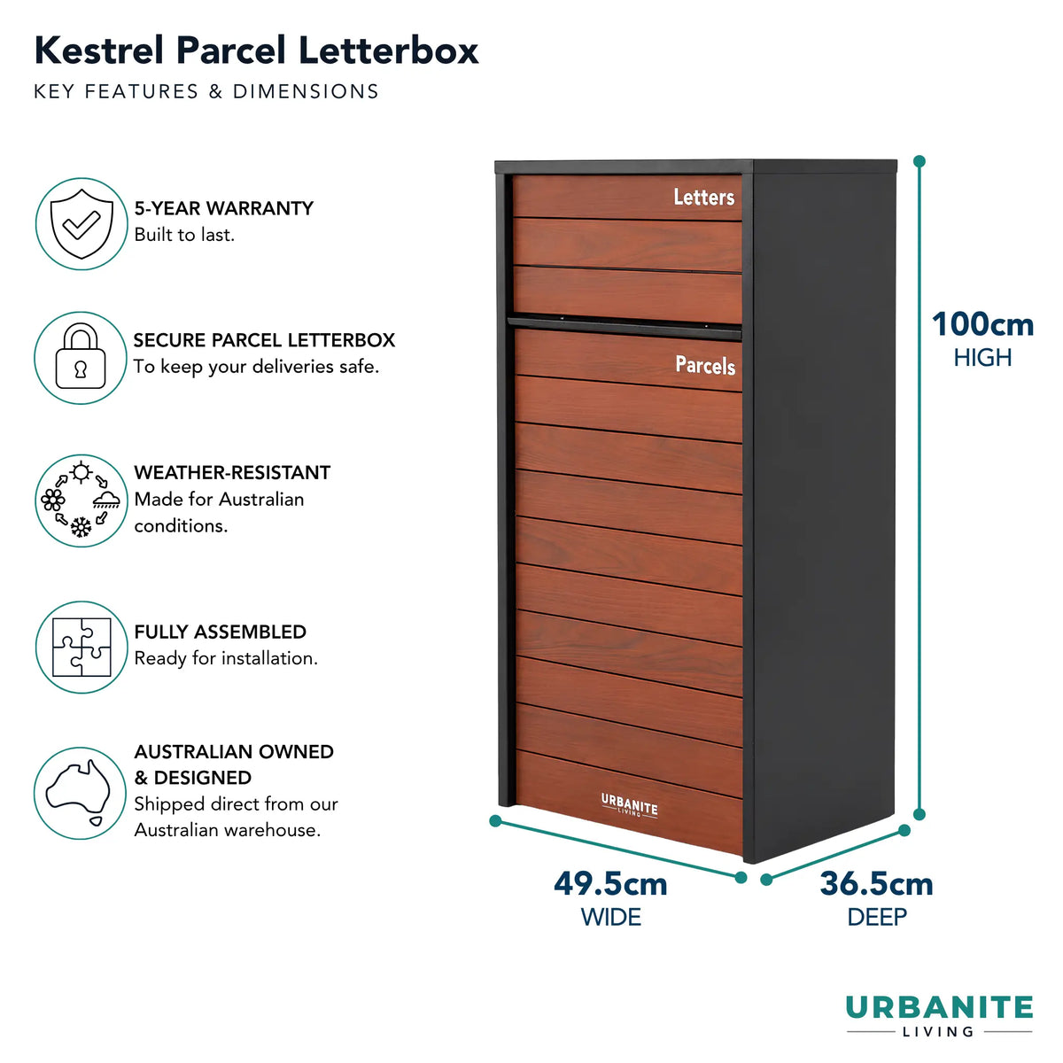 Urbanite Living dimensions for the Kestrel Parcel Letterbox in black with dark wood look front panels: 100 cm high, 49.5 cm wide, 36.5 cm deep, 5-year warranty.