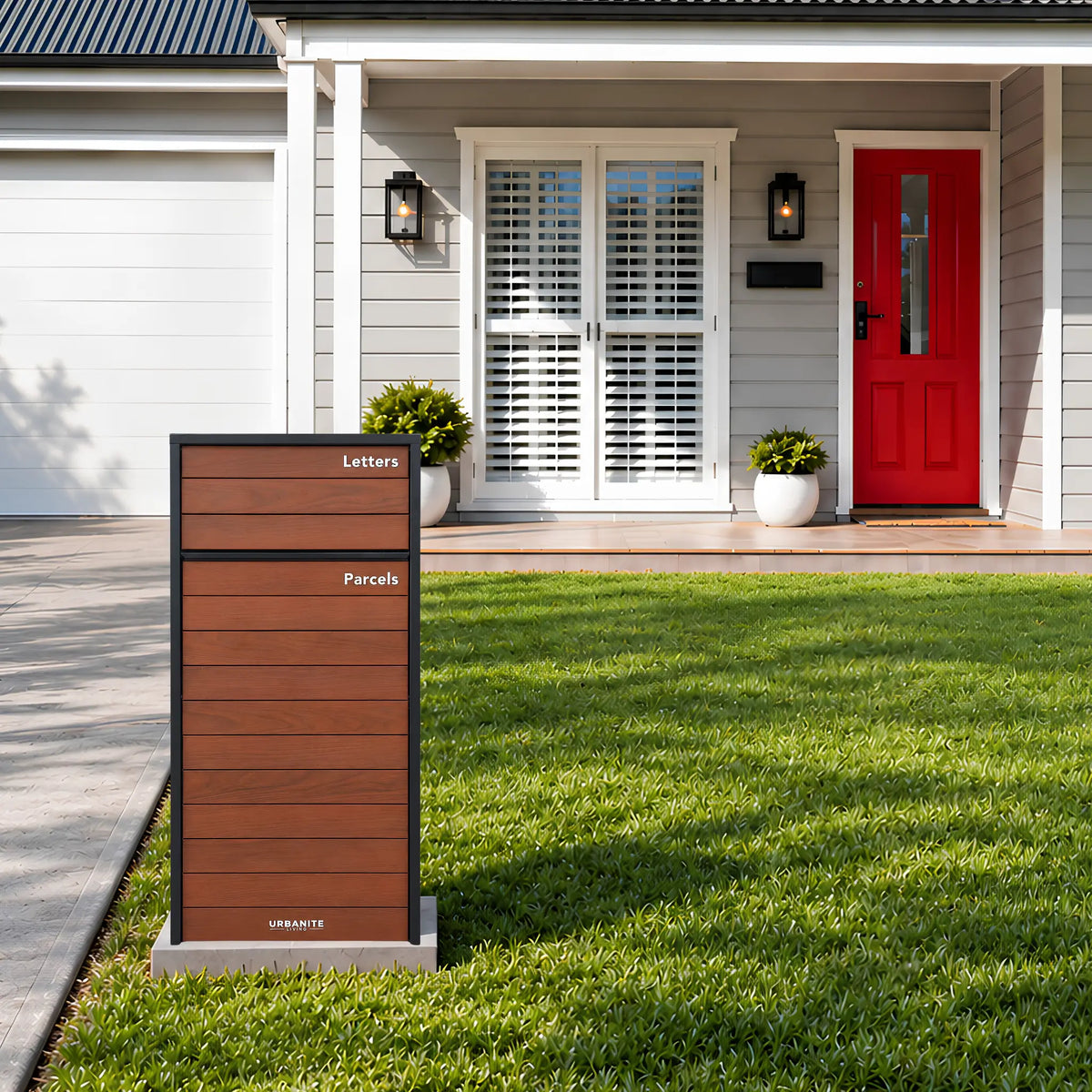 Urbanite Living Kestrel freestanding parcel letterbox in black with dark wood look metal front panels on a front lawn beside a driveway.