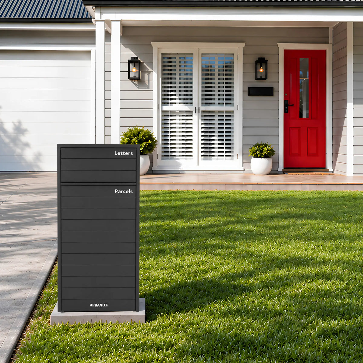 Urbanite Living Kestrel freestanding parcel letterbox in black on a front lawn beside a driveway.