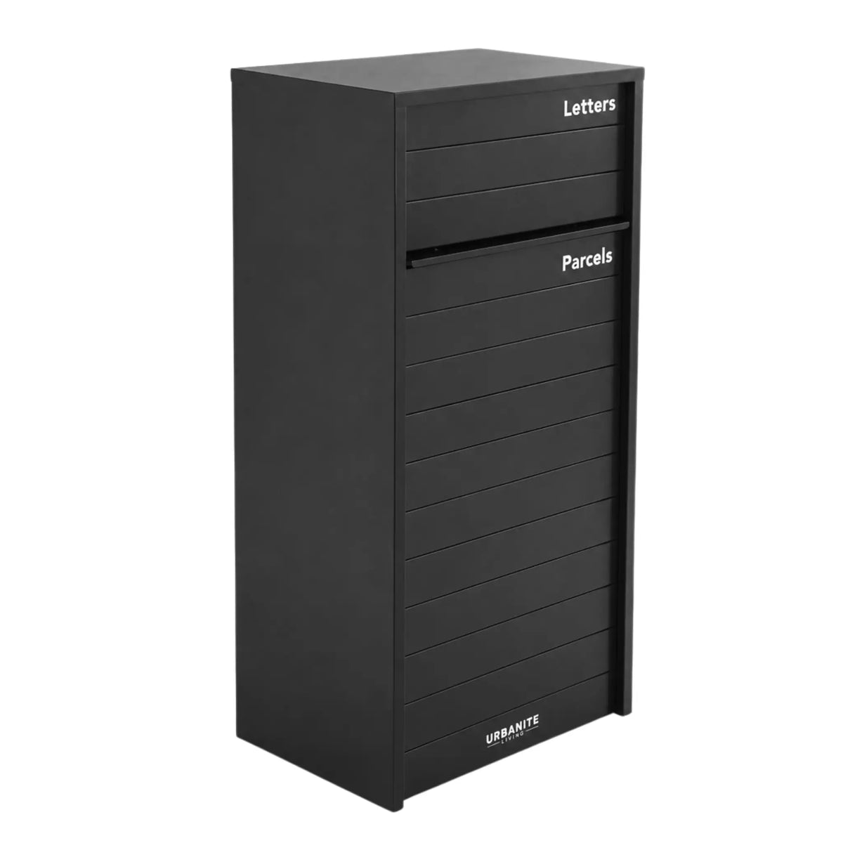 Urbanite Living Kestrel parcel letterbox in black, with letter and parcel openings.